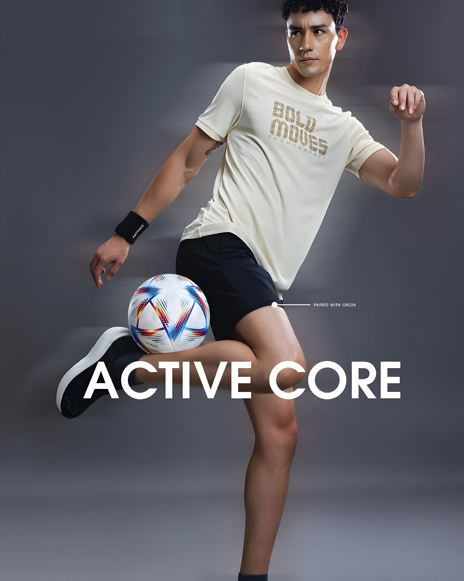 Man in a cream performance tee mid-sprint