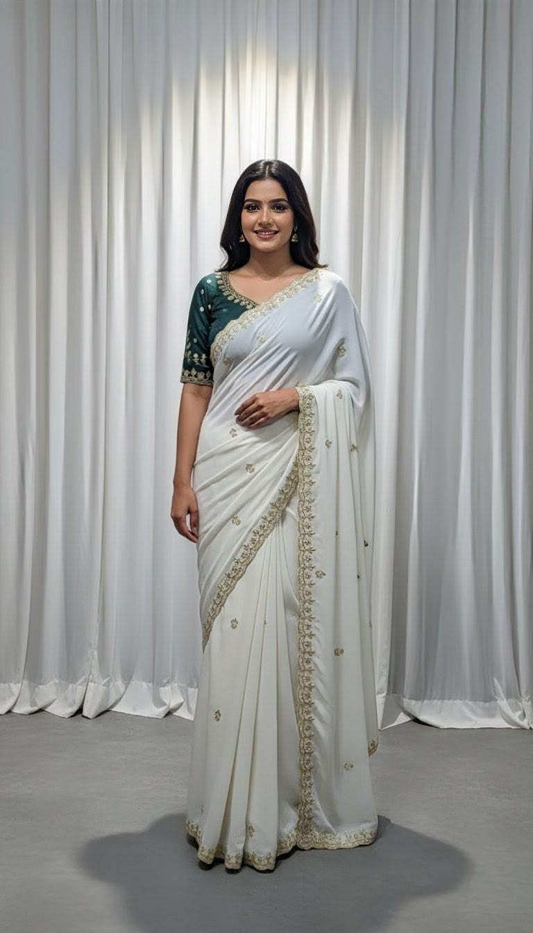 Woman wearing a white saree with a green blouse against a white curtain background.