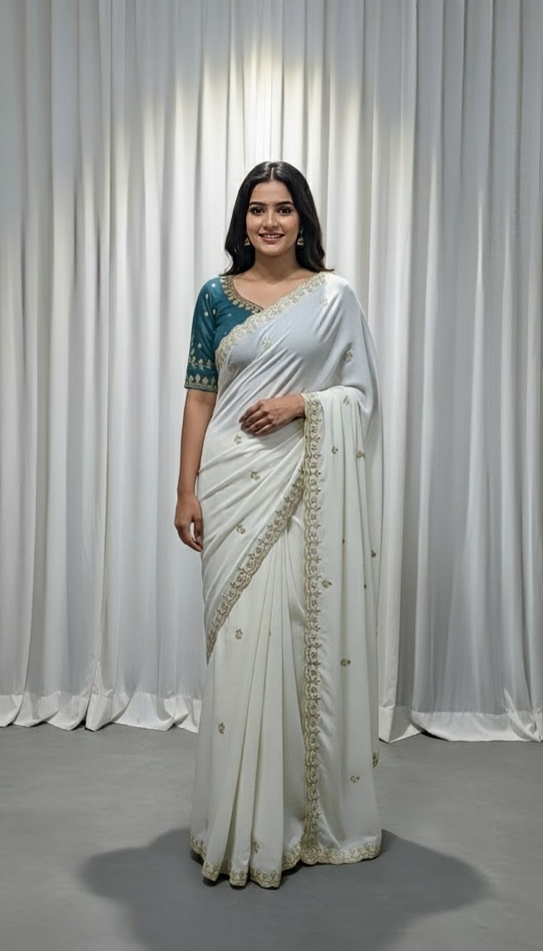 Woman wearing a white saree with a blue blouse against a white curtain background.