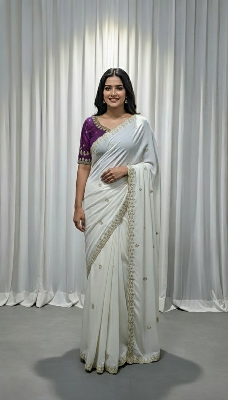 Woman wearing a white saree with a purple blouse against a white curtain background.
